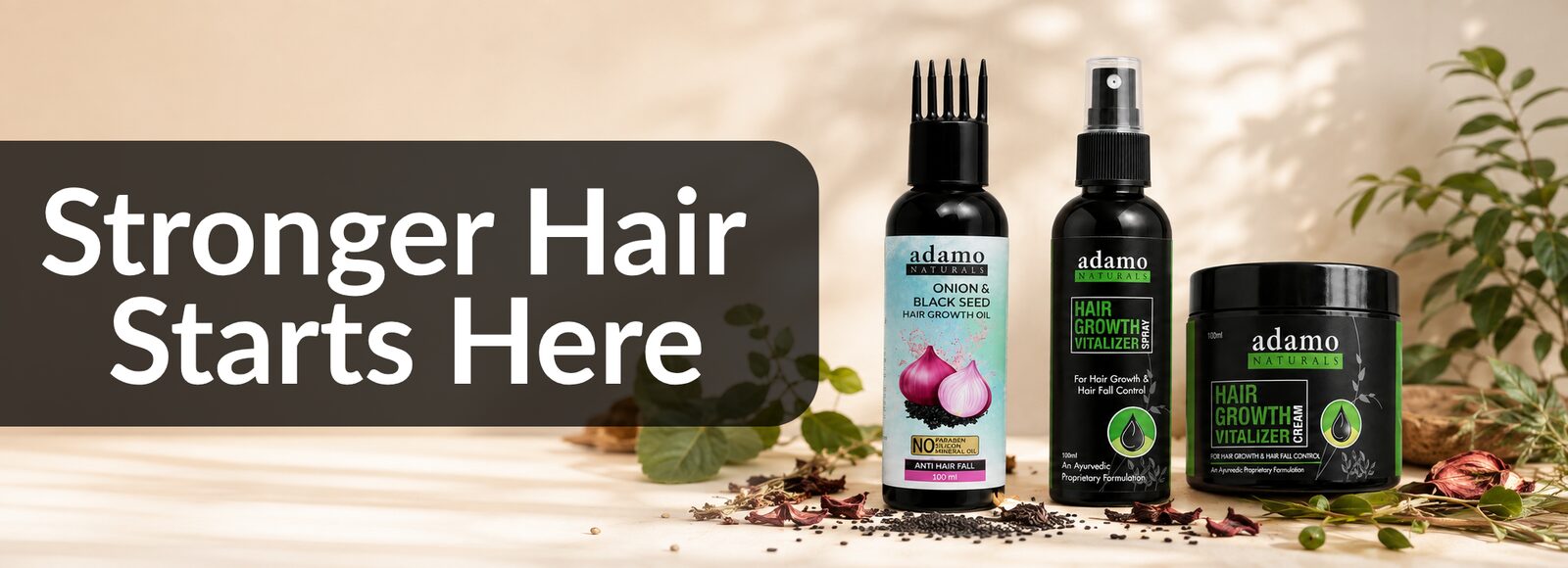 Adamo Naturals — Stronger Hair Starts Here: Onion and Black Seed Hair Growth Oil, Vitalizer Spray and Cream