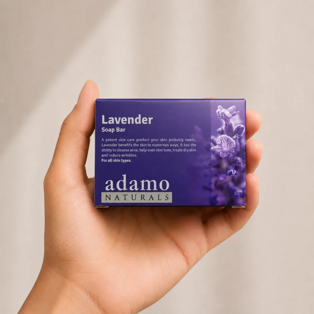Lavender soap bar held in hand
