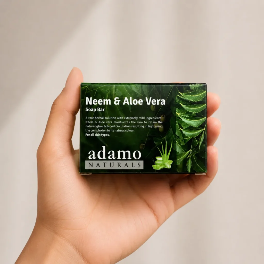 Neem & Aloe Vera soap bar held in hand