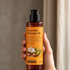 Ayurvedic Massage Oil bottle held in hand - Adamo Naturals