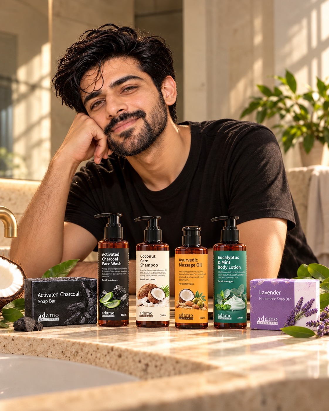 A man smiling at his bathroom counter with Adamo Naturals face wash, shampoo, lotion and soaps