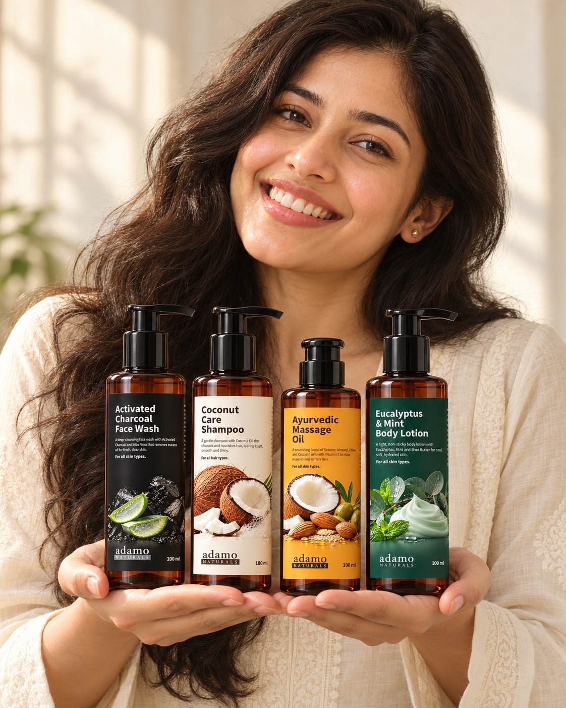 A woman holding the Adamo Naturals face, hair and body range